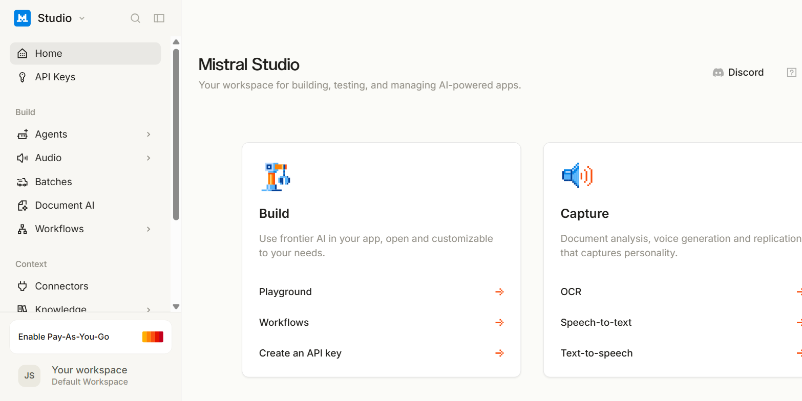 The Mistral AI Studio console after signing in, with Home and API Keys in the sidebar.