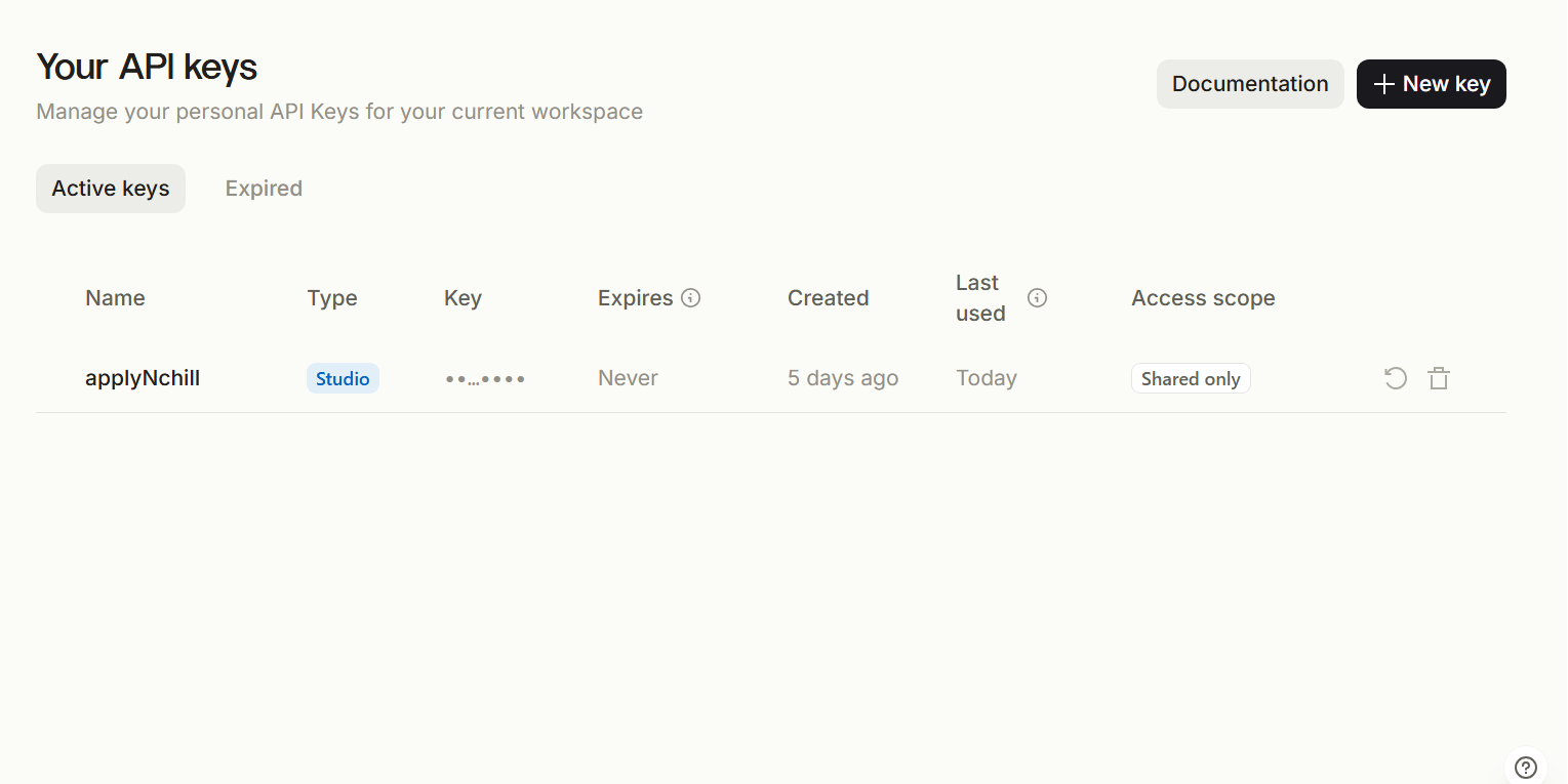 The API keys page, with the New key button at the top right.